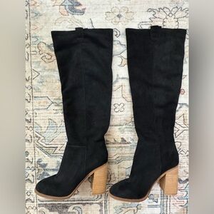 Black Knee-High Suede Boots with Tan Stacked Heel
